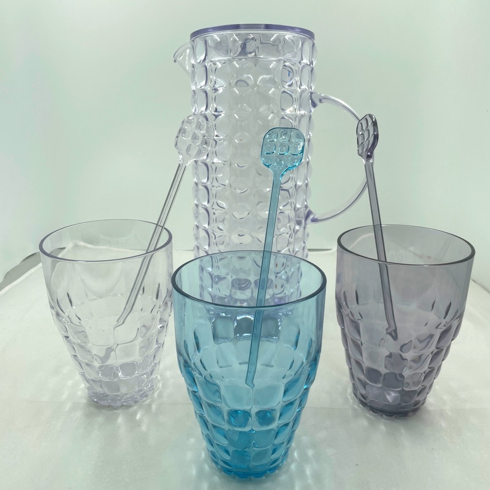Guzzini Pitcher, Cups, and Swizzle Sticks